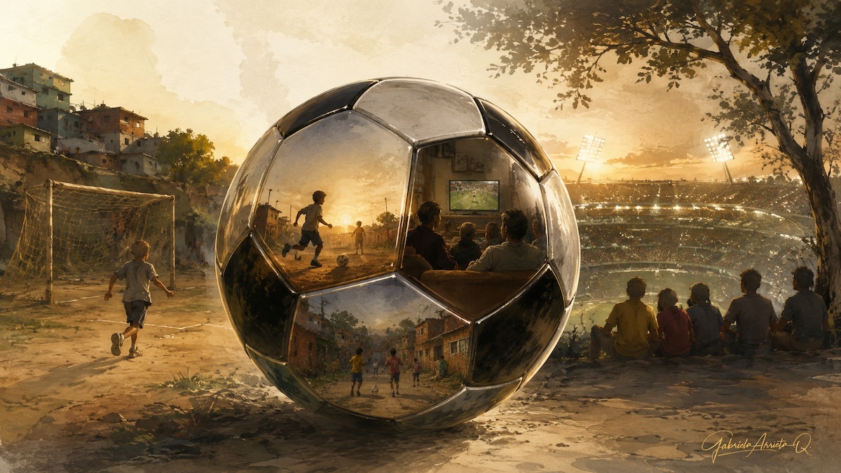 Ilustración de niños jugando fútbol en una cancha de barrio mientras una pelota refleja la emoción del Mundial y la unión de las familias frente al deporte