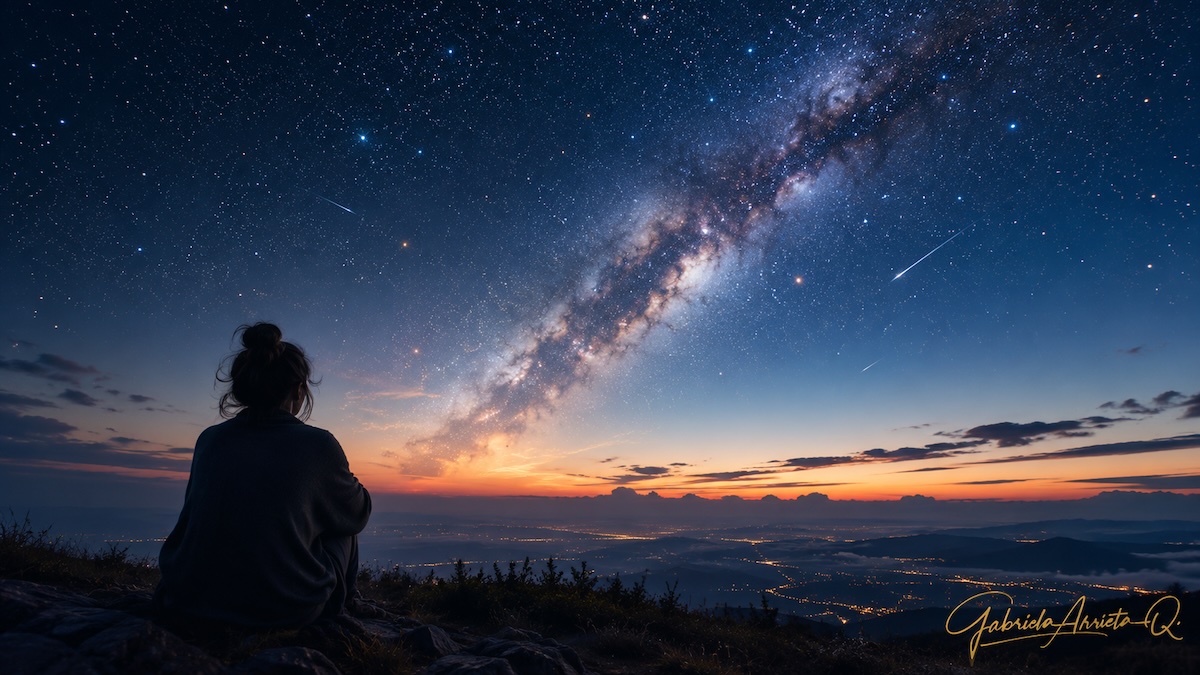 Imagen ilustrativa de una mujer sentada frente a un paisaje nocturno mientras observa un cielo estrellado con la Vía Láctea, sugiriendo una reflexión sobre vida fuera de la Tierra