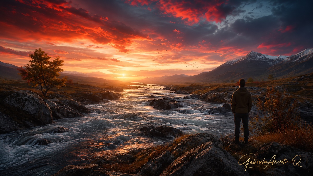 Río que avanza entre un paisaje natural al atardecer, imagen de la reflexión El río ya bajó de Gabriela Arrieta.