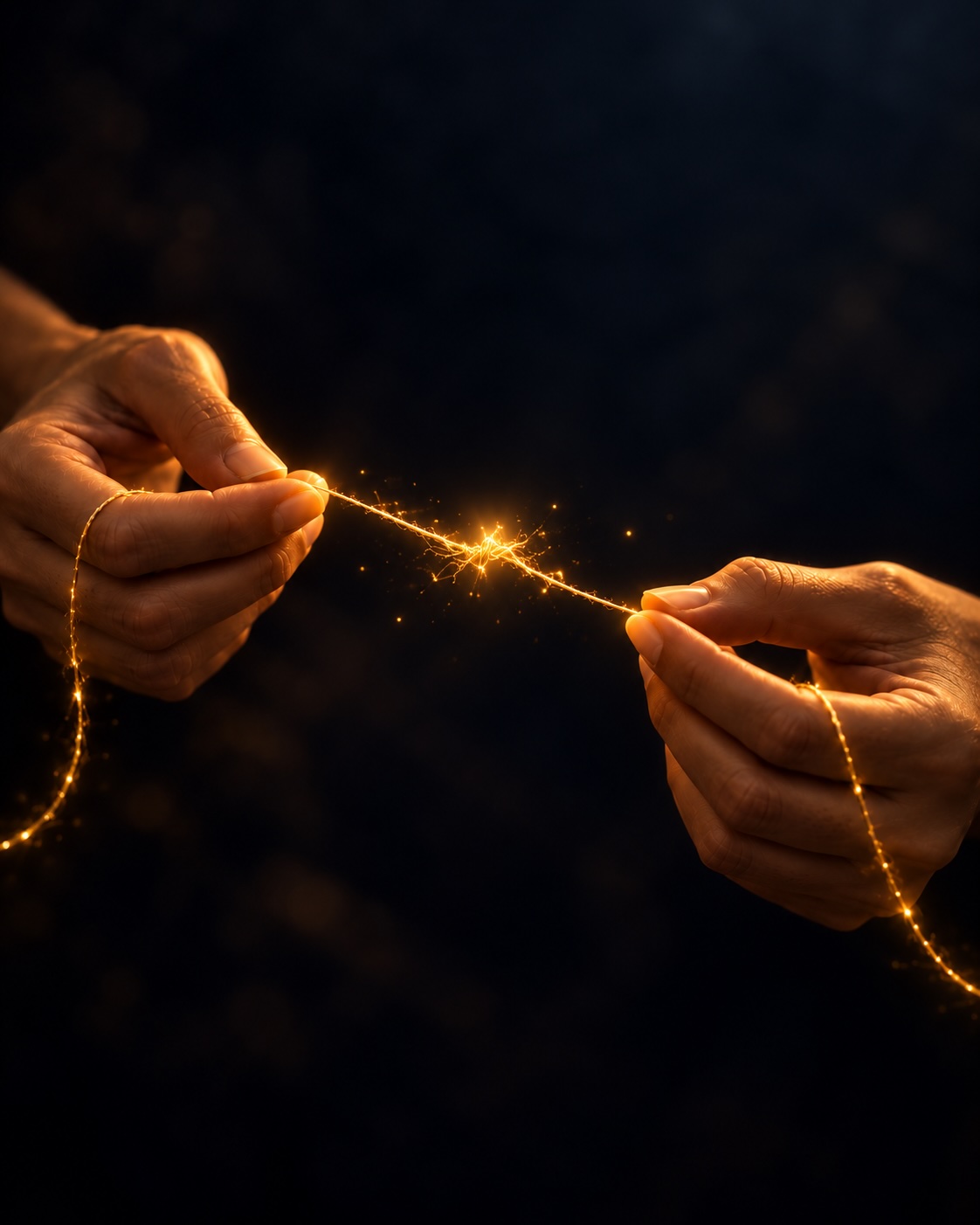 Manos unidas por un delicado hilo dorado luminoso, símbolo de conexión y reparación interior.