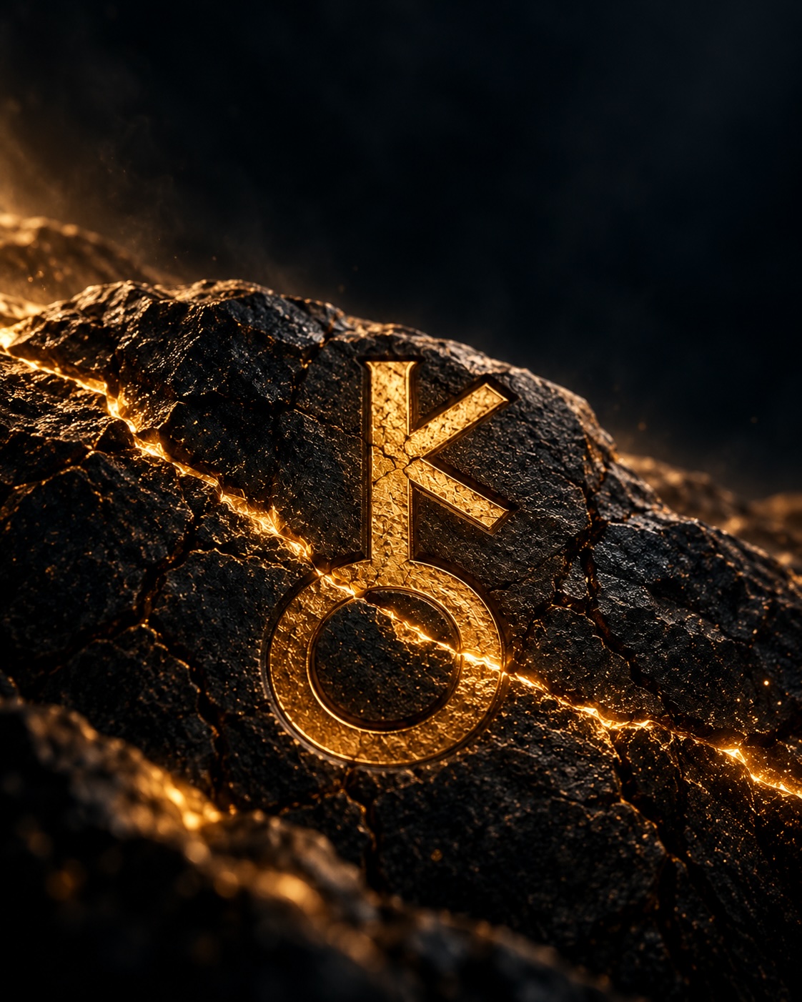 Arte oficial de Déjate guiar por tu alma 2027: símbolo de Quirón dorado sobre piedra negra atravesada por una grieta de oro.