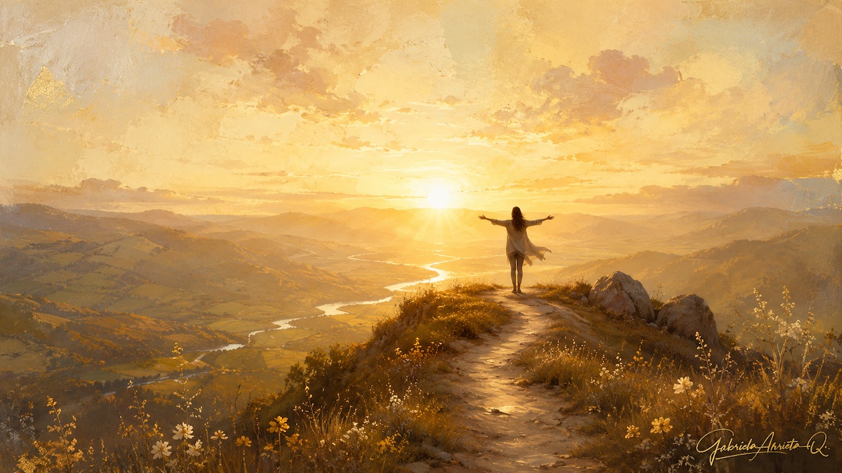 Mujer con los brazos abiertos frente a un amanecer entre montañas, como símbolo de transformación personal, esperanza y nuevos comienzos.